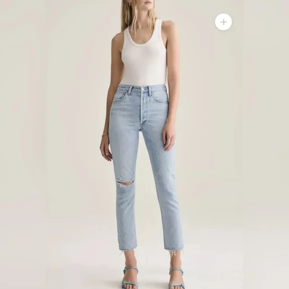 Agolde Riley High Rise Straight Crop Light Wash Ripped Jeans Size 25 - Picture 4 of 9